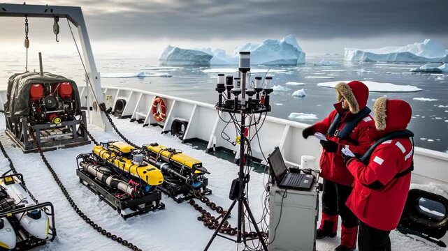 Researchers in red parkas launch autonomous underwater vehicles from a ship deck surrounded by icebergs in the Arctic