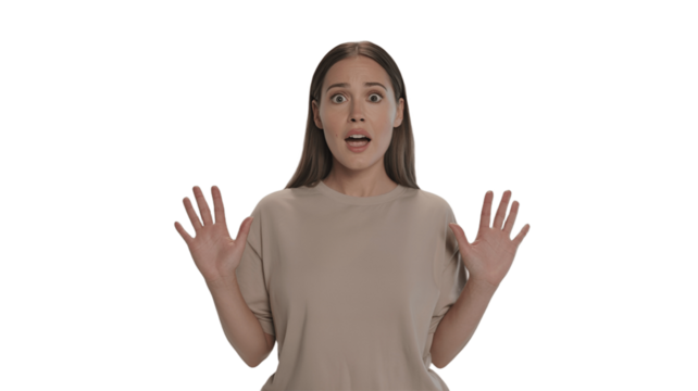 An astonished woman expressing surprise with her hands open.