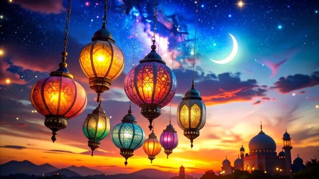 Ramadan Lanterns Glow Against Night Sky and Mosque