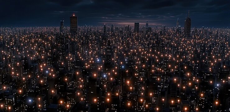 An aerial view reveals a vibrant night city characterized by circuit board architecture, with glowing orange and indigo lights illuminating the urban landscape.