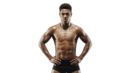 A muscular individual with toned abs posing with hands on hips.