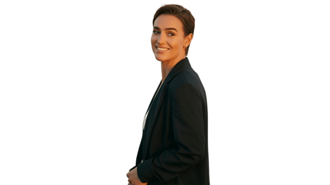 A portrait of a confident woman in a modern suit.