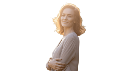 A radiant woman bathed in warm sunlight, with her eyes closed, radiating peace and tranquility.