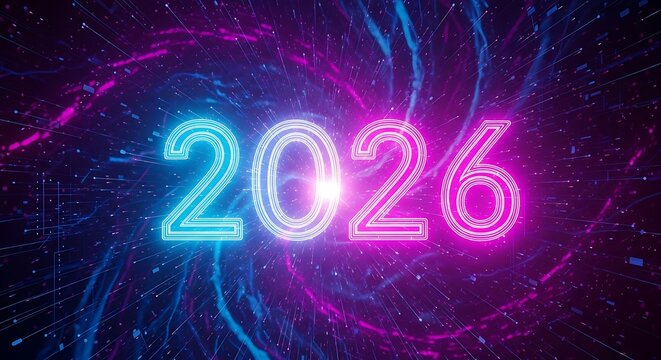 Bright Neon 2026 Numbers Glowing With Swirling Energy Trails In Blue And Pink Hues, Representing Future And New Year