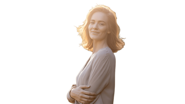 A radiant woman bathed in warm sunlight, with her eyes closed, radiating peace and tranquility. - Powered by Adobe