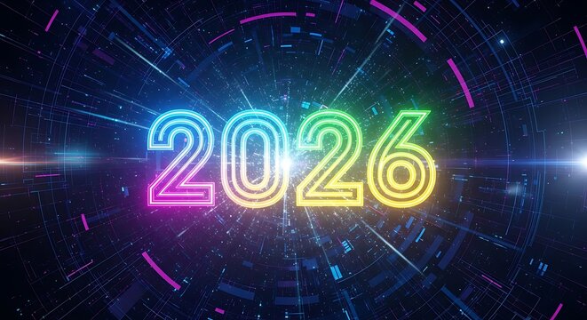 Futuristic glowing neon 2026 numbers with abstract light streaks and digital data patterns in vibrant colors, signifying the future and innovation
