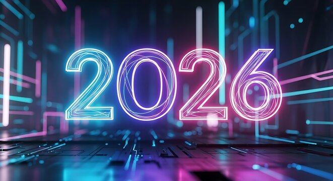Futuristic glowing neon 2026 text art with circuit board background representing the future of technology, innovation, and digital advancements in the coming year