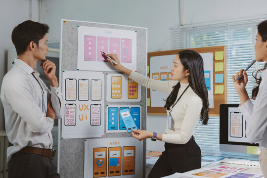 UX UI design team brainstorming ideas and presenting mobile application wireframes during an office meeting for new project development