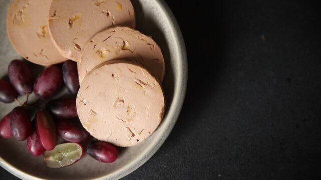 Foie gras pate goose liver delicacy tasty snack fresh gourmet food background on the table rustic top view copy space