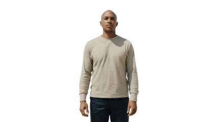 An adult male model stands confidently in front of a neutral backdrop, wearing a casual shirt and jeans.