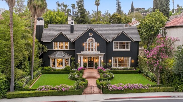 A striking black mansion boasts large windows glowing with warm light, surrounded by well-kept landscaping in a tranquil suburban neighborhood at dusk