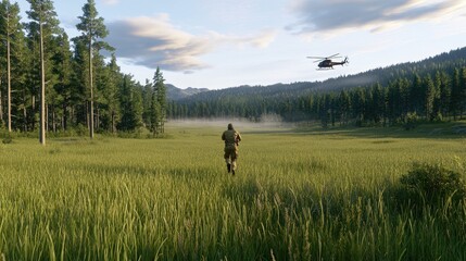 A lone soldier rushes across an open field while a helicopter hovers above, surrounded by foggy trees during the early morning, creating an atmosphere of tension