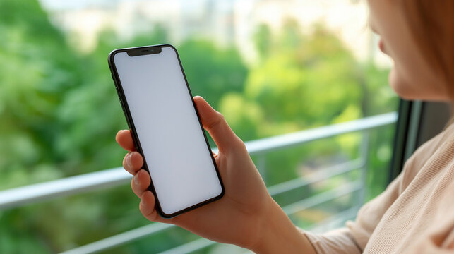 Close-up of a woman holding a mobile phone with a blank screen template against a vibrant, blurry green outdoor vista - Powered by Adobe