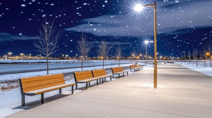 The park glows warmly with street lights as soft snowflakes fall, creating a tranquil atmosphere. Benches are blanketed in snow, inviting quiet reflection
