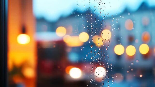 Water drops sliding on a window glass with blurred city lights and traffic in the background