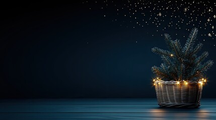 The tall Christmas tree shines with warm lights, nestled in a woven basket against a dark grey background, bringing a cozy holiday spirit to any room