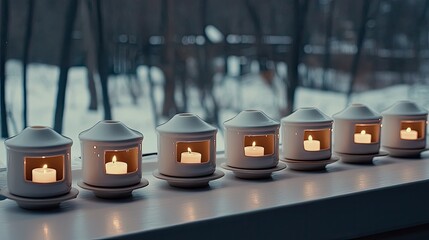 Softly illuminated white ceramic houses line a windowsill, creating a cozy atmosphere reminiscent of Scandinavian winter with a snowy backdrop