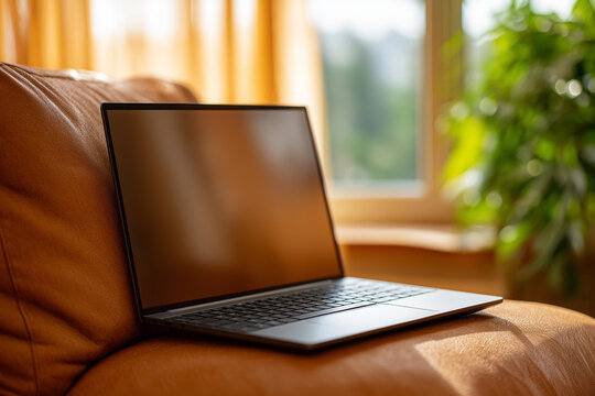 Dark Laptop on a Cognac Leather Sofa Cushion by a Window with Sheer Orange Curtains and a Green Houseplant - Powered by Adobe