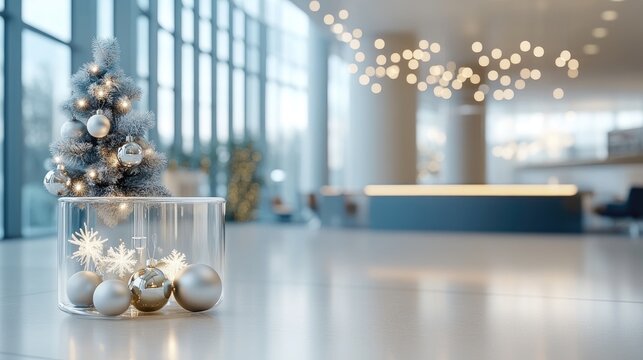 A modern glass lantern features hanging ornaments and lights, creating a warm glow within. Snowflakes and glitter add charm, making it a perfect Christmas decoration for any setting - Powered by Adobe