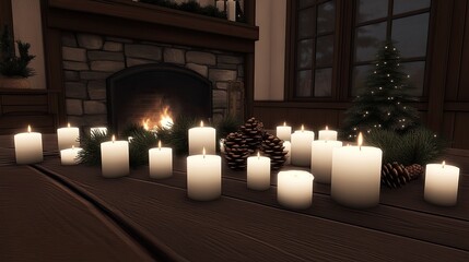A warm and inviting setting highlights rustic Christmas decor with glowing candles and pine cones arranged beautifully in front of a fireplace, creating a festive and cozy ambiance