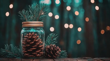 This festive arrangement features a glass jar filled with pine cones and evergreen branches, beautifully highlighted by glowing candles for a warm Christmas ambiance