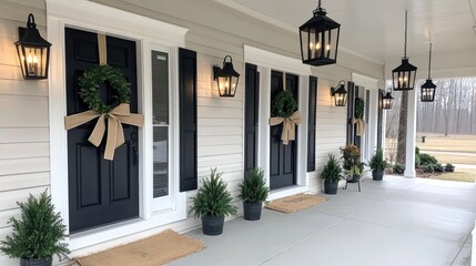 Black metal lanterns with glowing candles adorn the front porch, creating a cozy autumn atmosphere with burlap ribbons, perfect for seasonal decor