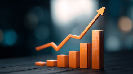 3D bar chart with an upward arrow symbolizing financial growth, business success, market expansion and strategic investment, perfect for corporate, analytics and economic projects