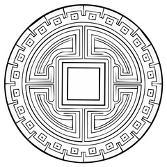 Obraz premium Circular Geometric Pattern with Maze-like Design and Outer Decorative Border