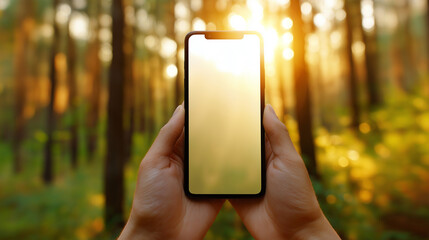 Hands Holding a Smartphone with Blank Screen Against Golden Hour Forest Bokeh