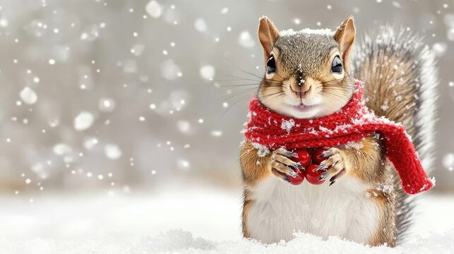 A delightful little squirrel wears a red scarf, holding hawthorn berries while surrounded by snow-covered trees in a bright winter landscape - Powered by Adobe