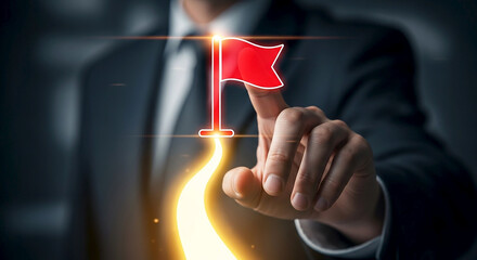 Achieving Goals Success Businessman Reaching for Red Flag of Achievement Strategic Planning Business Target Growth