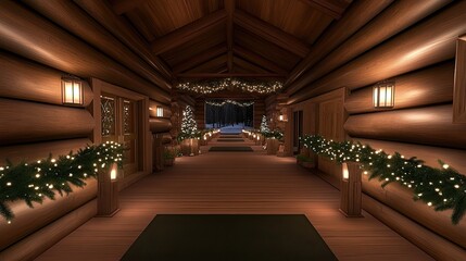 Naklejka premium This cozy porch is beautifully decorated with lights and garlands, featuring flickering candles and a warm blanket, perfect for a relaxing winter evening