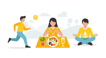 Illustration depicting a healthy lifestyle with people running, eating nutritious food, and meditating.