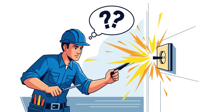 Vector illustration of a confused electrician making a dangerous mistake with a sparking electrical outlet, causing a short circuit. - Powered by Adobe