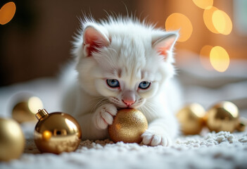 Fluffy white kitten playing with golden ornaments, bokeh background, cozy home atmosphere