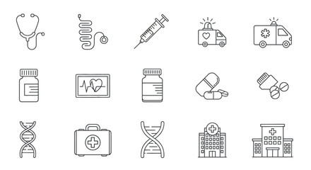 Collection of medical and healthcare-related icons, including stethoscope, syringe, and ambulance.