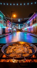 Traditional Colombian Fritanga Cooking on a Street Fire with Festive Christmas Lights Decoration in the Background at Night
