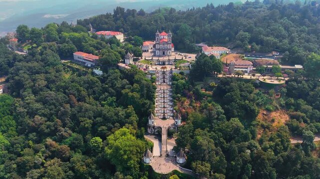 Aerial Cinematic View of Bom Jesus do Monte &mdash; Iconic Baroque Sanctuary and Monumental Staircase Overlooking Braga, Portugal