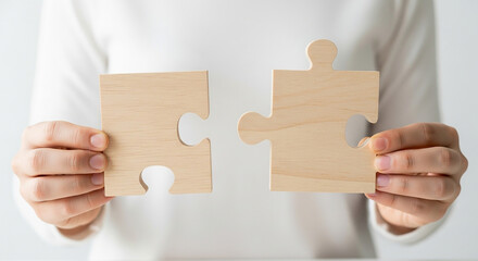 Finding Solutions Hands Connecting Wooden Puzzle Pieces Symbolizing Teamwork Success and Strategy in Business and