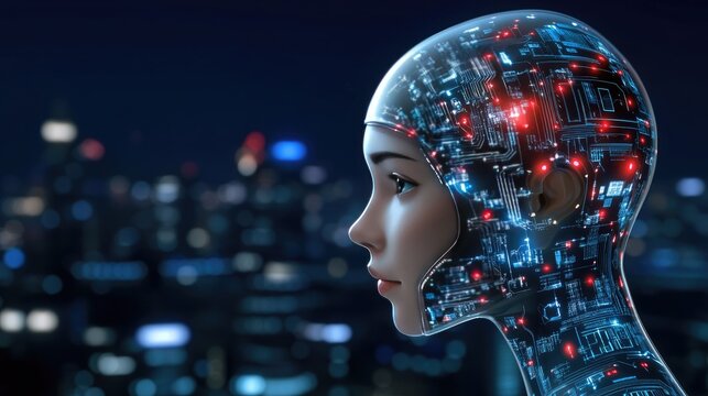 A young woman’s profile features glowing digital circuits, merging human and technology elements, against a dark city skyline illuminated at night