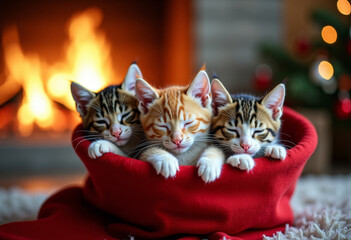 Three kittens sleeping in red Christmas stocking, fireplace in background, warm tones