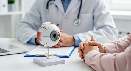 Doctor Explains Eye Anatomy to Patient Vision Health Ophthalmology Clinic Optometry Exam Medical Consultation Healthcare