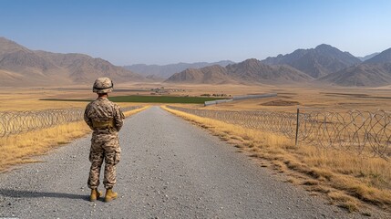 A U.S. Marine stands watch at the border fence in the southern desert, with barbed wire atop concrete walls and mountains in the backdrop, ensuring security in a remote area