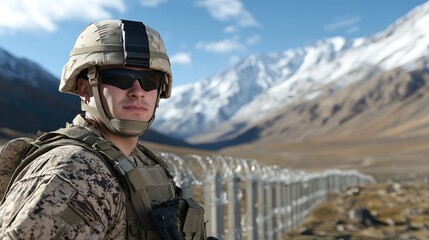 A U.S. Marine stands watch at the border fence in the southern desert, with barbed wire atop concrete walls and mountains in the backdrop, ensuring security in a remote area
