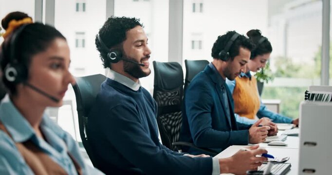 Computer, man or talking with mic in call center for product knowledge, lead generation or offer. Coworking, friendly agent and chat to outbound client for service promotion, sales and telemarketing