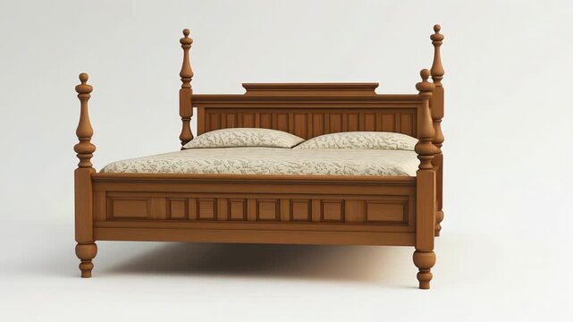 Elegant wooden four poster bed smoothly spinning, isolated on a white background, showcasing classic craftsmanship from multiple angles