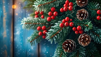 Close up of a decorated christmas tree branch with pine cones and red berries