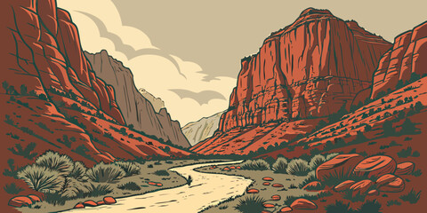 Zion Canyon Walls Desert Retro Vector – Vintage Utah Landmark Illustration for Travel, Nature, and Lifestyle Graphics