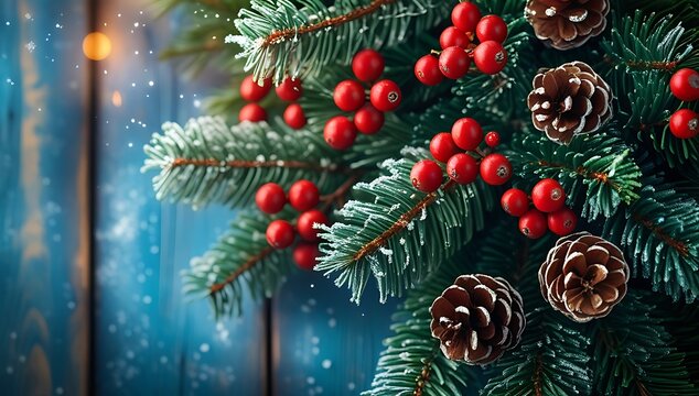 Close up of a decorated christmas tree branch with pine cones and red berries