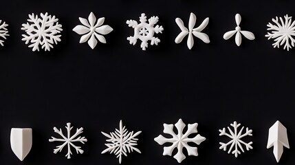 The design features an array of 3D embossed clay snowflakes arranged seamlessly on a dark gray background, highlighting their intricate patterns and textures SEAMLESS PATTERN